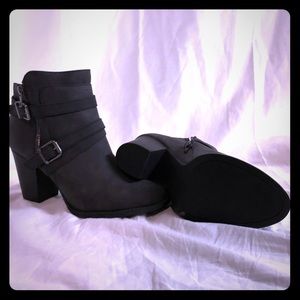 Gray heeled ankle booties